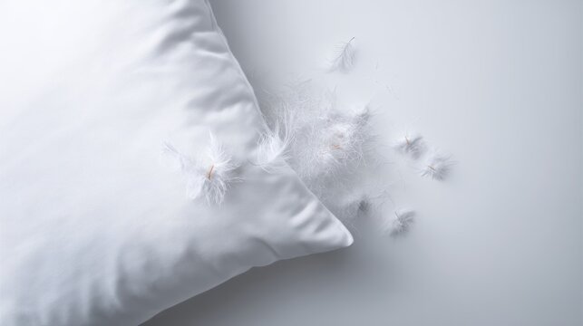 patched pillow with subtle feather burst and white repair texture copy space left