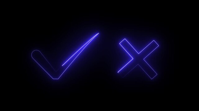 Tick or check mark signs neon icon animation. right and wrong animated neon icons, False and true. Correct and incorrect, "Minimal neon Check Mark and Cross Icon in Circle on Black Background