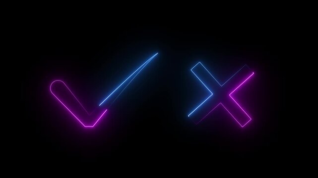 Tick or check mark signs neon icon animation. right and wrong animated neon icons, False and true. Correct and incorrect, "Minimal neon Check Mark and Cross Icon in Circle on Black Background