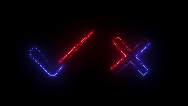 Tick or check mark signs neon icon animation. right and wrong animated neon icons, False and true. Correct and incorrect, "Minimal neon Check Mark and Cross Icon in Circle on Black Background