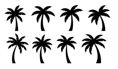 Modern palm tree silhouette vector icons set for tropical web design patterns and beach themes © Shukimon