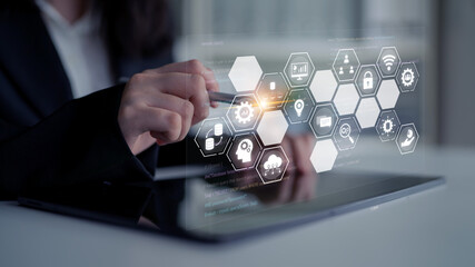 Hexagon interface combining AI, data, analytics, and cybersecurity. AI connects systems, data drives analytics, data supports decisions, and AI enables smart business infrastructure. Latch