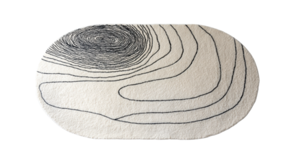 Oval white rug featuring abstract black line art pattern, creating a modern topographical map design for contemporary interior decor style, isolated with a transparent background