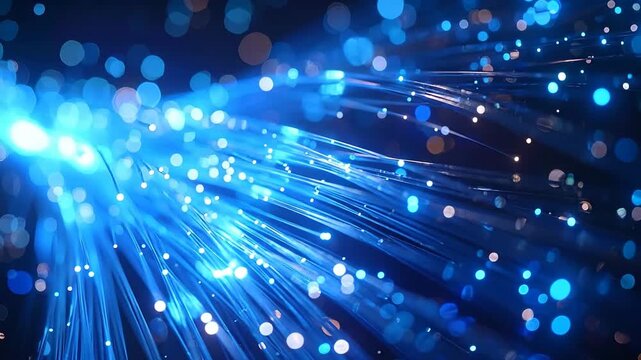 Abstract fiber optic cables transmitting data with glowing blue light effects.