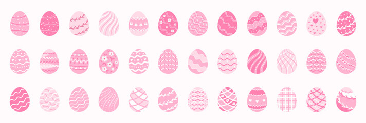 Cute Easter egg illustration set with pink pastel colors and simple decorative patterns. Designed for spring holiday cards, and festive Easter graphics, kids graphics, cheerful holiday decorations