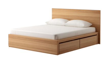 Modern wooden bed featuring a light oak frame, integrated storage drawers, a white mattress, and two pillows, all presented on a transparent background for versatile design integration