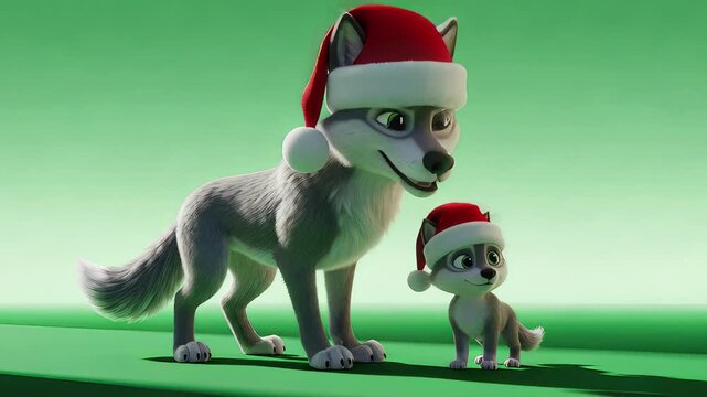 Cute Animated Wolves Wearing Santa Hats, Christmas Family Concept, Green Background