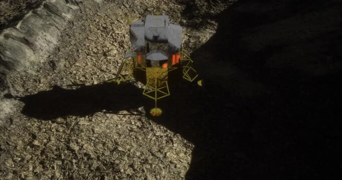 A lunar lander is positioned on the moons surface, surrounded by rocky terrain and shadows cast by craters. The setting is peaceful, highlighting the beauty of the lunar landscape.