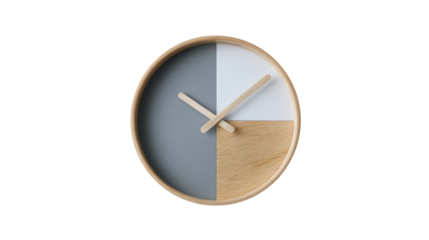 Minimalist wall clock with gray, white, and wood sections, featuring two wooden hands indicating time, symbolizing modern interior decor and punctuality on a transparent background