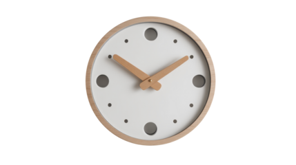 Modern wall clock with a clean design, light wood frame, and white dial, representing concepts of schedules, deadlines, and home decor on a transparent background