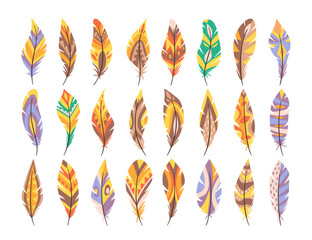 Collection of feathers and plumes with tribal patterns, native aesthetic ornaments isolated on white