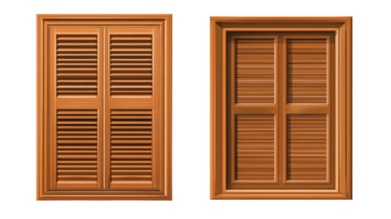 Wooden louvered window shutters with traditional styling, in both closed and partially paneled designs, providing privacy and architectural detail on transparent background