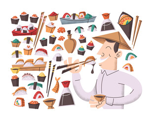 Set of sushi stickers Japanese cuisine elements and satisfied Asian master chef tasting food