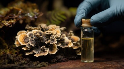Mushroom extract vial with shelf fungi and gloved hand in natural setting