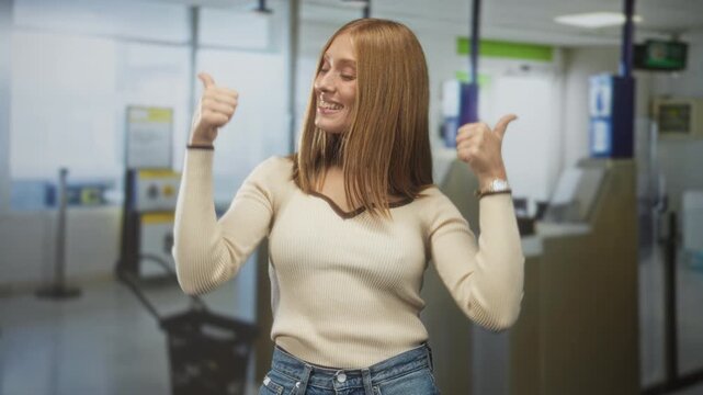 Woman giving thumbs up and smiling at airport checkin kiosk among monitors and queue stanchions, wearing sweater and jeans; joy confidence.