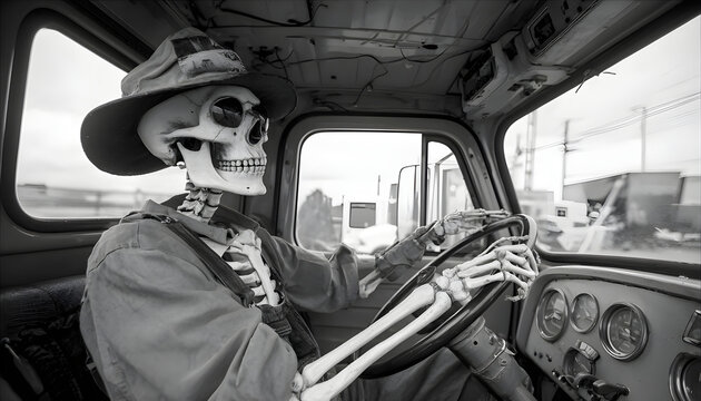 Skeletal hell driver operating a truck