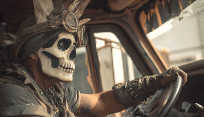 Skeletal hell driver operating a truck