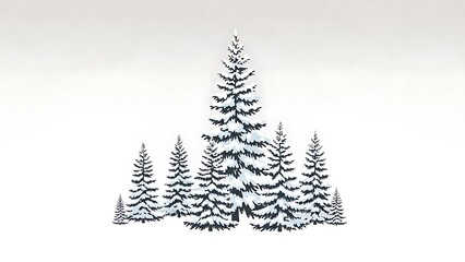 Fototapeta premium Group of snow covered evergreen trees standing together in winter landscape with soft white background and gentle shading