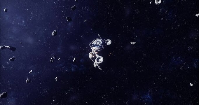 A futuristic space station maneuvers skillfully among swirling asteroids in the vastness of deep space. Stars twinkle in the background, creating a stunning cosmic vista.