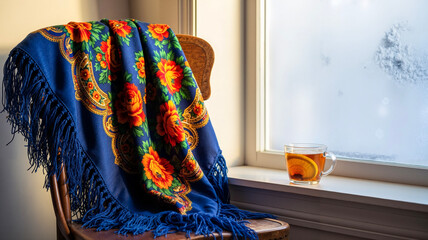 Heavy patterned wool shawl with dark blue background and vibrant orange and yellow floral motifs draped over antique wooden chair  