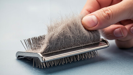 Human hand removing thick, perfectly rectangular fur from wire brush  