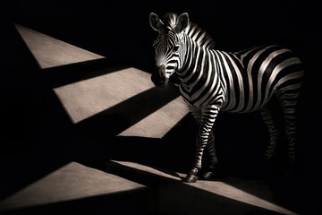 Fototapeta premium Stunning black and white portrait of a zebra standing dramatically illuminated by a spotlight against a dark background.