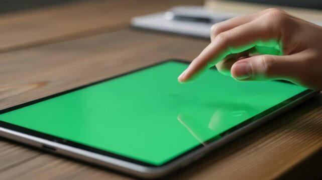 Finger Tapping Green Screen Tablet on Wooden Desk