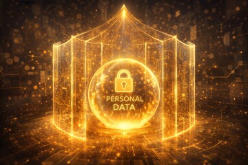 Glowing golden digital structure protecting a sphere labeled 'Personal Data' with a padlock icon in a dark, abstract technology environment.