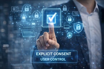 Businessman finger touches digital screen confirming explicit consent and user control over data security.