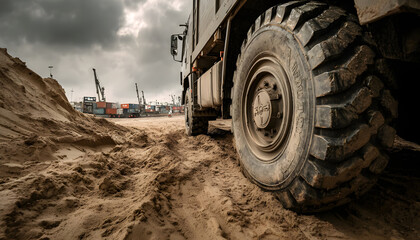 A construction truck stalled in the sand. Center differential lock, background, industry. Wheel grip