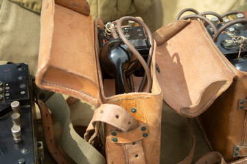 Military equipment of the Second World War. Telephone for communication in war.