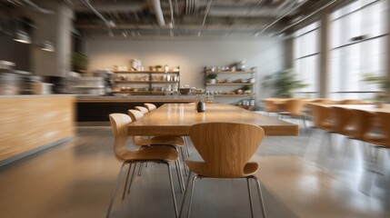 Modern cafe interior with wooden chairs and spacious open design