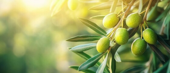 Obraz premium Beautiful Sunlit Olive Branch Featuring Ripe Green Olives Set in a Vibrant and Picturesque Orchard Scene