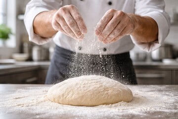 Fototapeta premium Professional chef sprinkling white flour over fresh bread dough on a kitchen counter, preparing for baking in a restaurant kitchen.