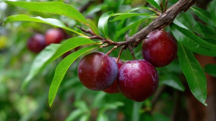 Ripe red plums on tree branch with green leaves in orchard setting