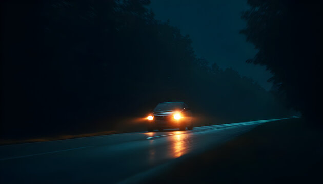 Car with headlights on follows camera tracking along country night road. Car driving down the country road with headlights turned on
