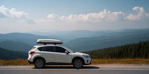 Fototapeta premium White suv with roof box on scenic mountain road