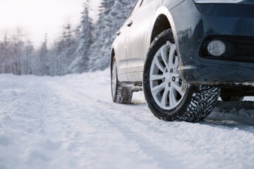 Winter drive: car navigating snowy forest road with icy terrain and frosty trees