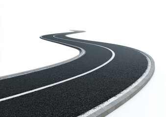 Curved asphalt road with white lines on empty pathway