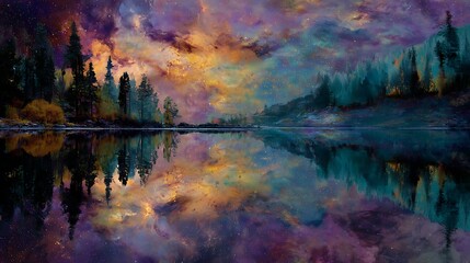 A lake reflecting not the sky but an alternate universe, vibrant galaxies swirling in the water, surreal cosmic tones, hyper-detailed, 