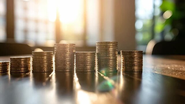 Stacks of golden coins arranged in ascending order, symbolizing financial growth and investment.