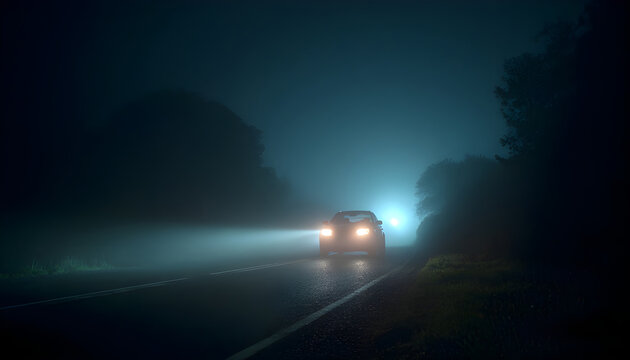 Car with headlights on follows camera tracking along country night road. Car driving down the country road with headlights turned on