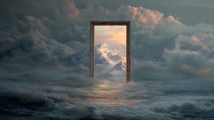 A floating window in the middle of a stormy sea, showing a peaceful mountain landscape inside, hyperreal concept art, surreal contrast, 