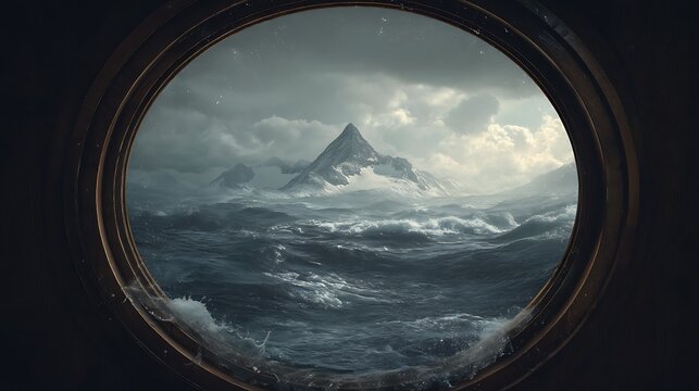 A floating window in the middle of a stormy sea, showing a peaceful mountain landscape inside, hyperreal concept art, surreal contrast, 