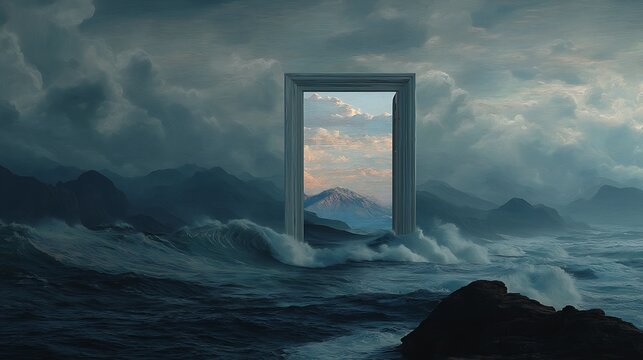 A floating window in the middle of a stormy sea, showing a peaceful mountain landscape inside, hyperreal concept art, surreal contrast, 