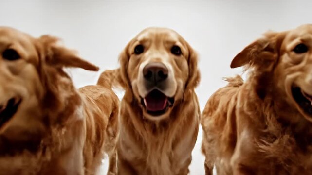 A group of happy golden retrievers running forward in a sequence from far to close up. Playful purebred dogs with joyful expressions isolated on a white background for advertising