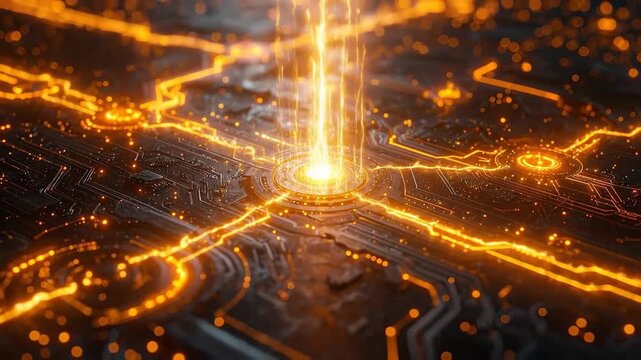 Abstract technology background with glowing circuits and data streams, symbolizing connectivity and innovation.