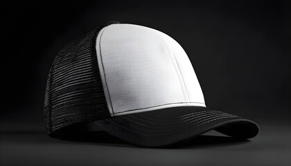 Blank trucker style baseball cap with a white front panel and black mesh back, positioned on a solid black background showcasing modern design for customizable branding