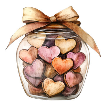Watercolor glass jar filled with heart shaped cookies and tied with ribbon
