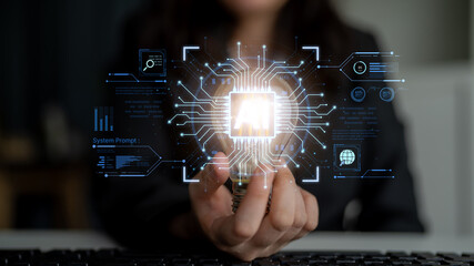 A futuristic AI core processor and system analytics dashboard. This concept highlights the raw processing power of AI for deep data analysis, system diagnostics, and global network monitoring. Fermion